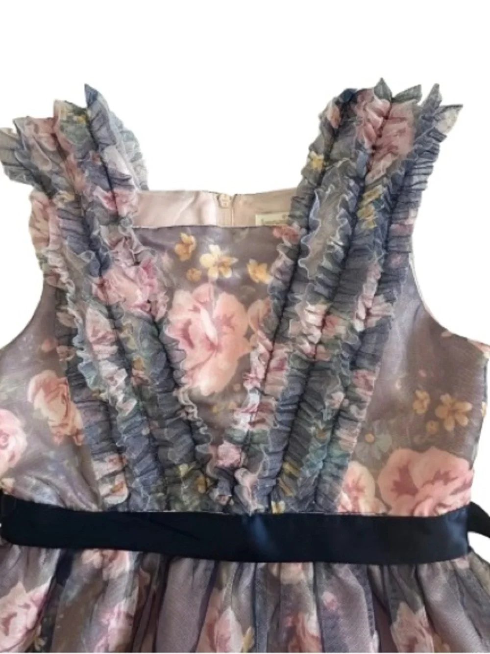 Kensie Girl Size 12 Pink Floral on Navy Tiered Ruffle Formal Dress Fully Lined